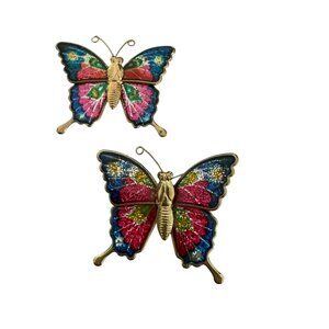Enamel Butterfly Brooch Pin Colorful set VTG Glitter Brass Taiwan